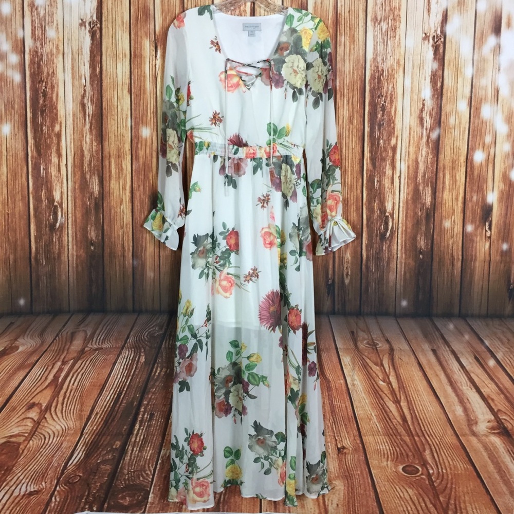 Belle + Sky Cottagecore Floral Long Sleeve White Semi Sheer Maxi Summer Dress XS